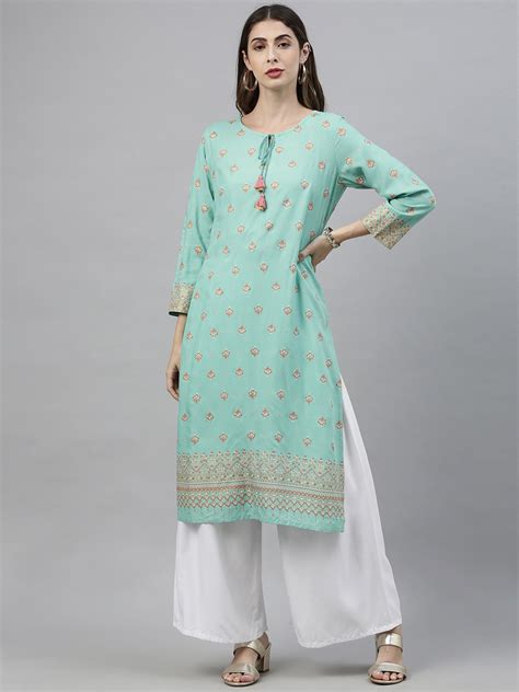 Buy Global Desi Women Sea Green And Pink Ethnic Motifs Printed Kurta