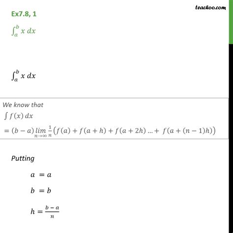 Ex 78 1 Integrate X Dx From A To B By Limit As A Sum