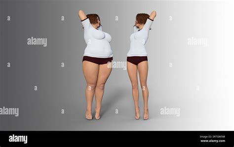 Conceptual Fat Overweight Obese Female Vs Slim Fit Healthy Body After