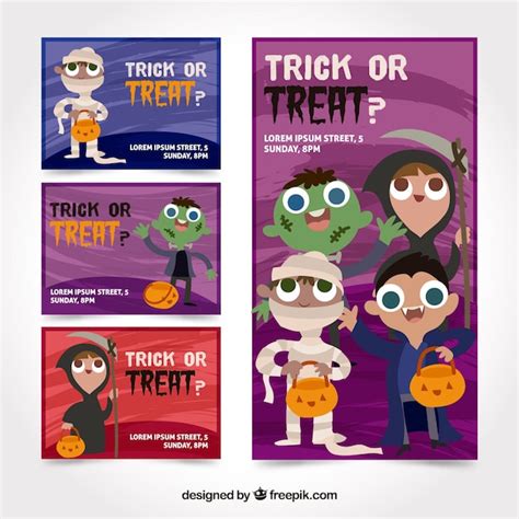 Tarjetas de halloween con niños disfrazados Vector Gratis