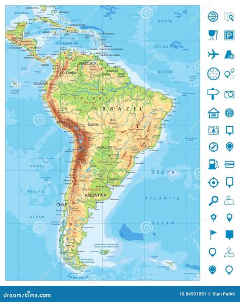 Detailed South America Physical Map And Navigation Icons Stock Vector