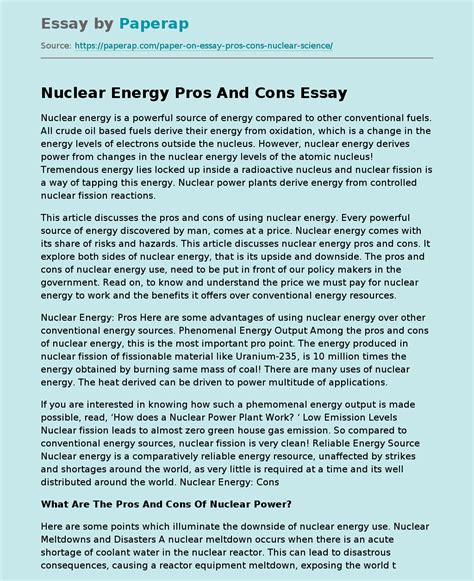 Nuclear Energy Pros And Cons Free Essay Example