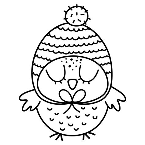 Cute black and white owl in hat. Vector outline autumn bird isolated on ...