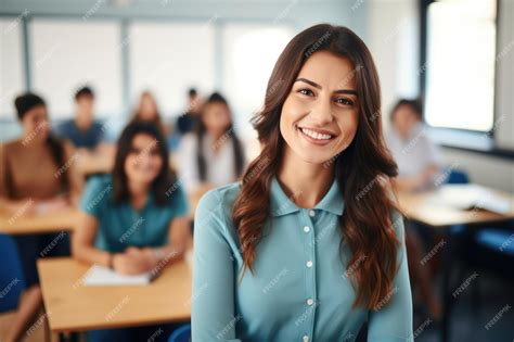 Premium Ai Image Beautiful Female Teacher Smiling In The Classroom