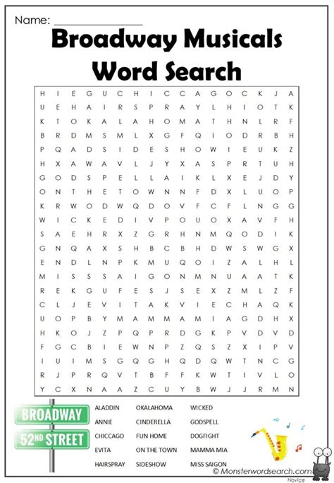 Broadway Musicals Word Search Fun Brain Teaser Puzzle