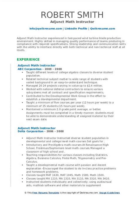 Adjunct Math Instructor Resume Samples Qwikresume