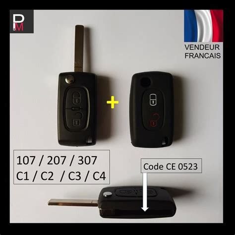 Coque Clé PEUGEOT 2 boutons CE0523 107 207 307 308 407 HOUSSE NOIRE