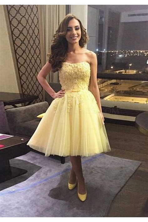 Short Yellow Lace Tulle Homecoming Cocktail Prom Dresses Party Evening Gowns 3020542