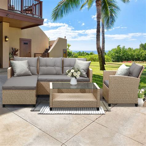 Patio Furniture Set Clearance, 4 Piece Patio Furniture Sets with Loveseat Sofa, Lounge Chair ...