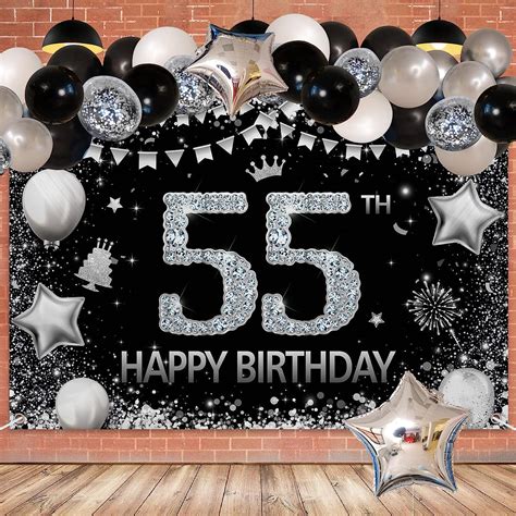 Happy 55th Birthday Backdrop Banner Decor With Balloons Arch Kit Silver And Black