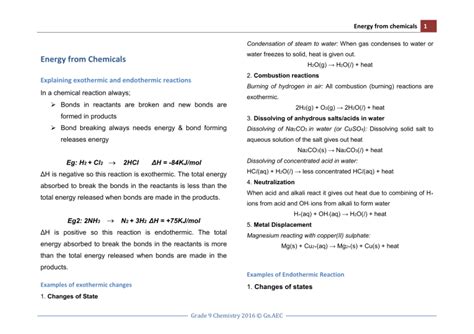 Energy From Chemicals Notes