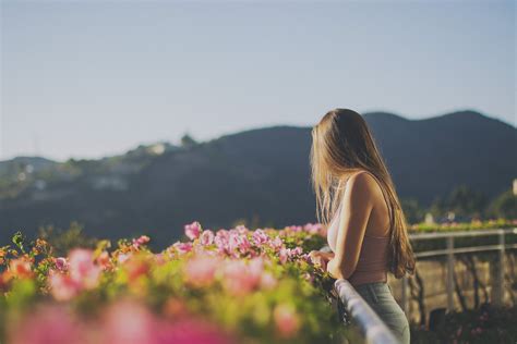 배경 화면 햇빛 야외 여성 여자들 꽃들 긴 머리 자연 갈색 머리의 잔디 사진술 청바지 아침 측면보기 봄