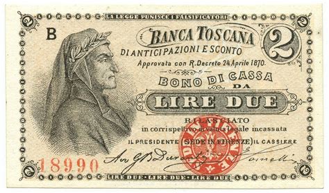 2 Lire Banca Toscana Di Anticipazioni E Sconto Firenze 24 04 1870 Qfds