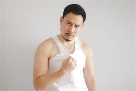 Man In White Tank Top With Hot Weather Expression Concept Of Hot Weather Of The Sun In Asia