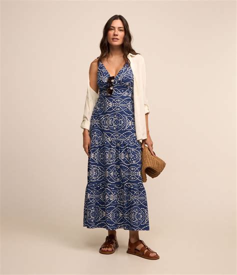 Vestido Em Tricoline Pregas No Busto E Estampa Boho Azul