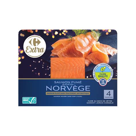 Saumon fumé Norvège CARREFOUR EXTRA le paquet de 4 tranches 140g à