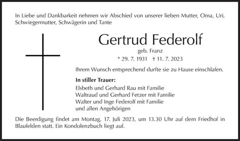 Traueranzeigen von Gertrud Federolf Südwest Presse Trauer