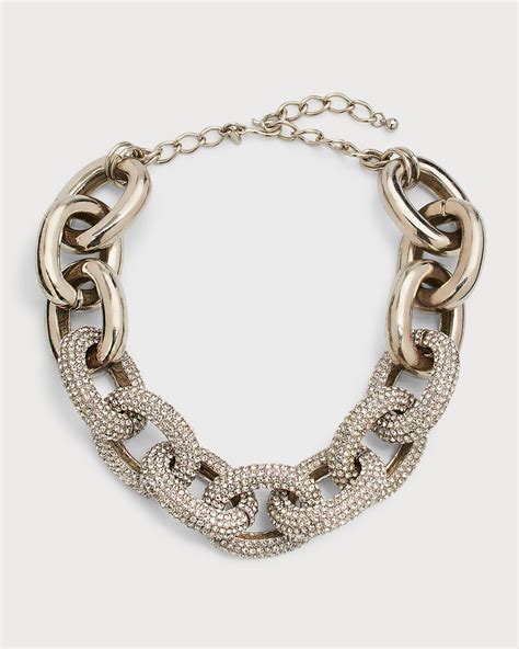 Kenneth Jay Lane Pave Crystal Front Link Chain Necklace Silver