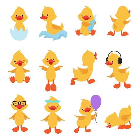 Chicas Lindas Dibujos Animados De Patos Amarillos Conjunto De Vector