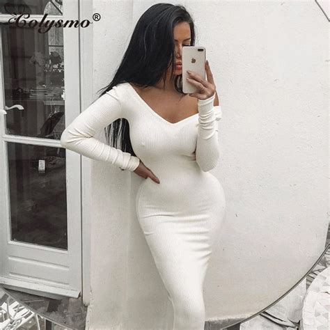 Colysmo Long Sleeve Winter Dress White Bodycon Dress Women Elegant Long