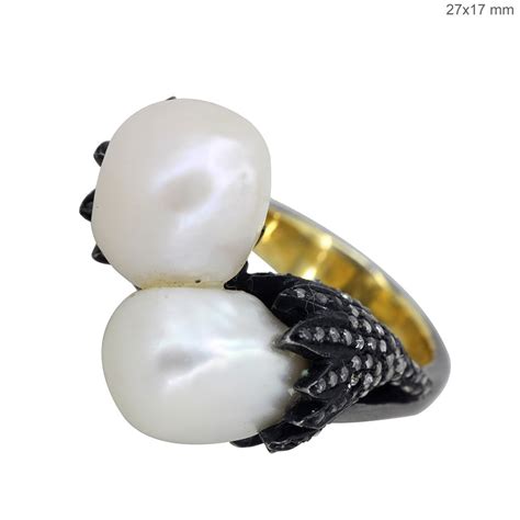 14k gold & 925 silver diamond double pearl ring