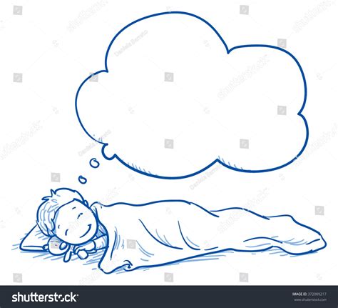 Cute Little Boy Sleeping In His Bed And Dreaming Something Hand Drawn