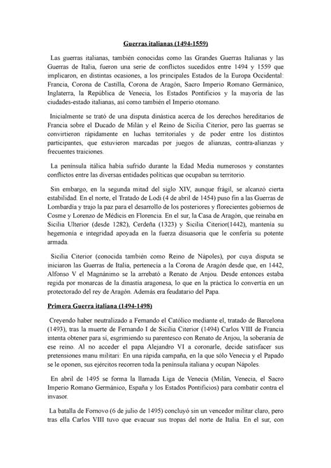 Las Guerras Italianas Del Siglo XV XVI Guerras Italianas 1494 1559