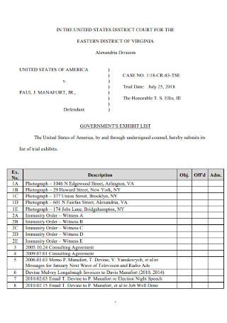 Sample Exhibit Lists In Pdf Ms Word