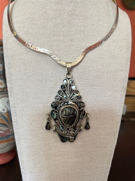 Vintage Taxco Sterling Silver Abalone Aztec Pendant N Gem