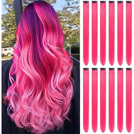 12 Pcs Hot Pink Hair Extensions Clip In Colored Party