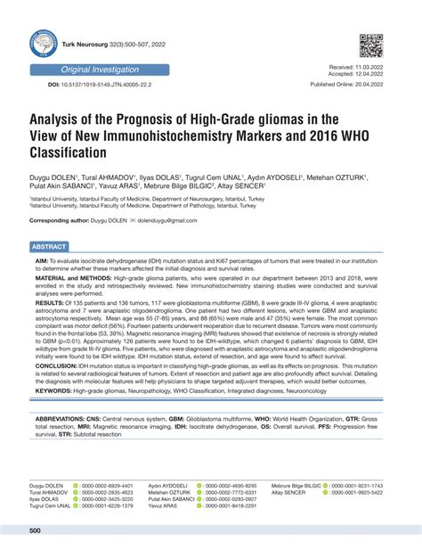 Pdf Analysis Of The Prognosis Of High Grade Gliomas In The View Of