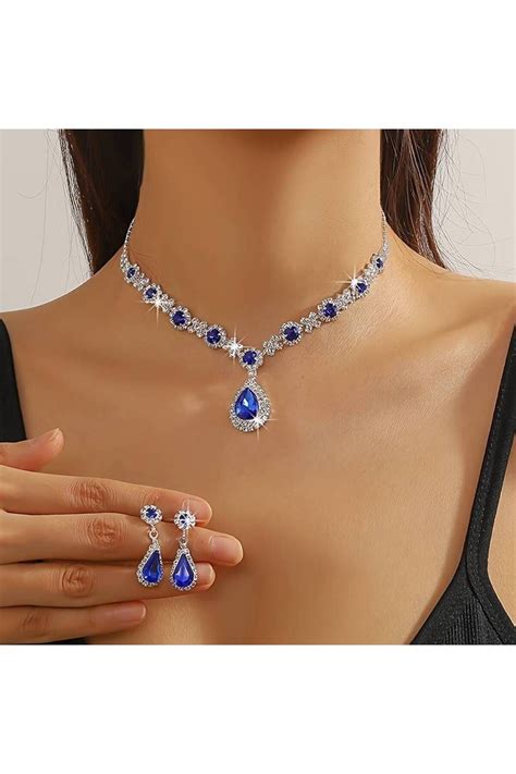 Estilo Lingerie Mavi Kristal Taşlı Kolye Ve Küpe Seti Özel Günler Seti Düğün Seti Nişan Abiye