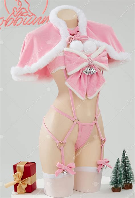 Women Pink Furry Sexy Lingerie Set Christmas Bowknot Bandage Bodysuit With Cape And Hat