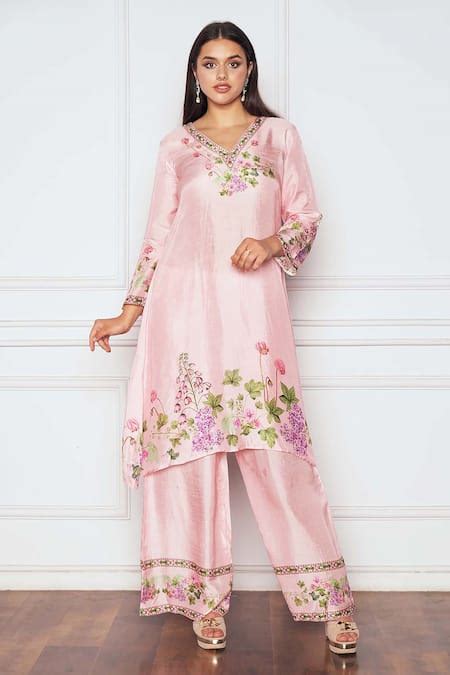 Buy Pink Dupion Silk Printed Floral V Neck Kurta And Palazzo Set For