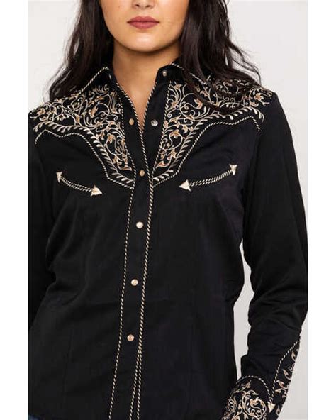 Scully Women S Scroll Embroidered Long Sleeve Pearl Snap Western Shirt Black Tan