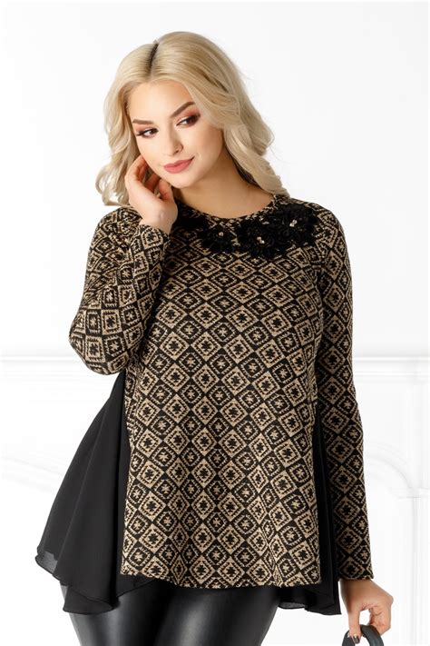 Bluza Ladonna Neagra Cu Detalii Aurii Si Broderie Florala Rochii Dama