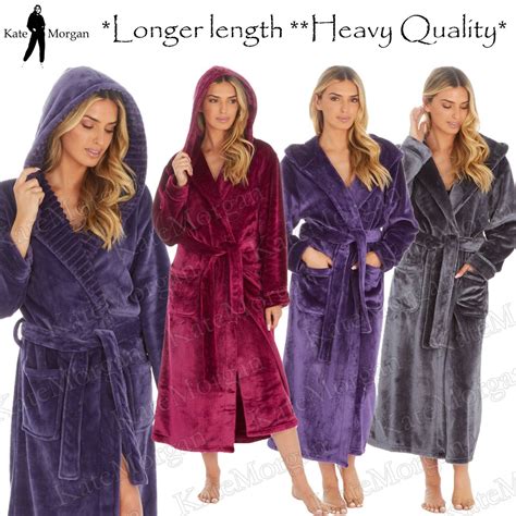 Ladies Dressing Gown Long Length Luxury Shimmer Fleece Hooded Gown New