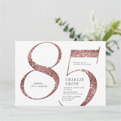 Modern Minimalist Rose Gold Glitter 85th Birthday Invitation Zazzle