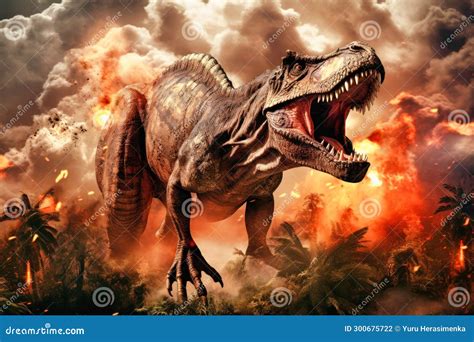 A Terrible Dinosaur Tyrannosaurus T Rex With An Open Huge Mouth And