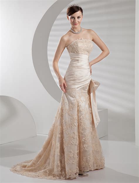 Wedding Dress Lace Champagne Strapless Applique Beading Satin Bridal