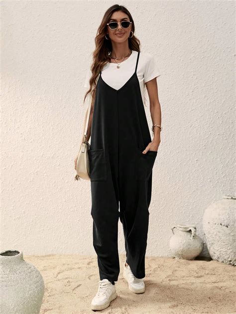 SHEIN LUNE Spring Black Pocketed Women S Jumpsuit With Straps SHEIN USA