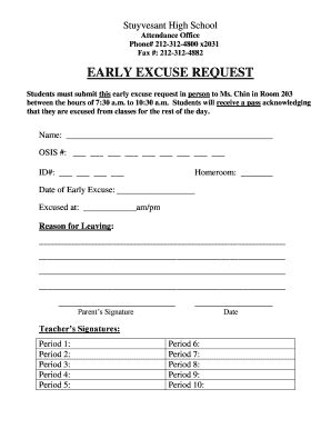 Fillable Online Stuysu Early Excuse Request Stuysu Org Fax Email