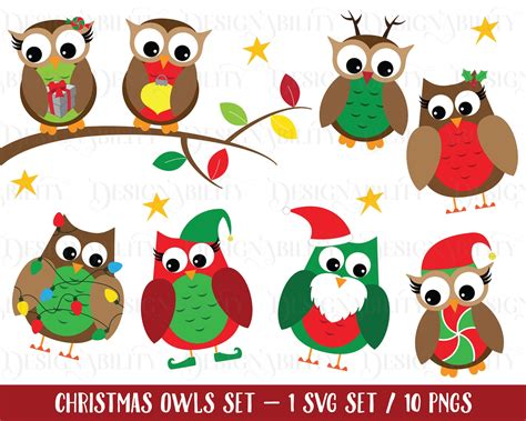 Christmas Owls Clip Art Set Svg And 10 Pngs Digital Download Etsy