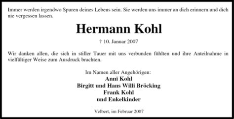 Traueranzeigen Von Hermann Kohl Trauer In Nrw De