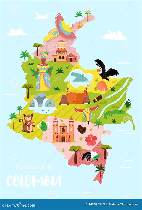 Bright Illustrated Map Of Colombia Travel Banner Stock Vector