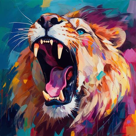 Premium Ai Image Aggressive Colorful Animal Lion Roaring Painting