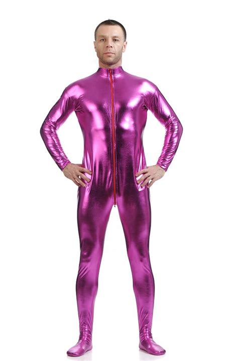 Ensnovo Men Latex Suit Black Shiny Metallic Tights Gold Zentai Full