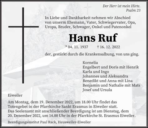 Traueranzeigen Von Hans Ruf Saarbruecker Zeitung Trauer De