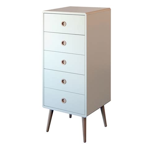 Steens Softline White Retro Style 5 Drawer Narrow Chest Of Drawers