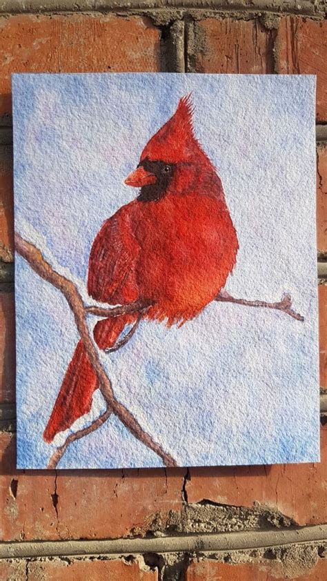 Bird Painting Red Cardinal Original Art Winter Branch | Etsy